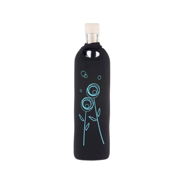 Branded water bottle with cork stopper in black neoprene sleeve