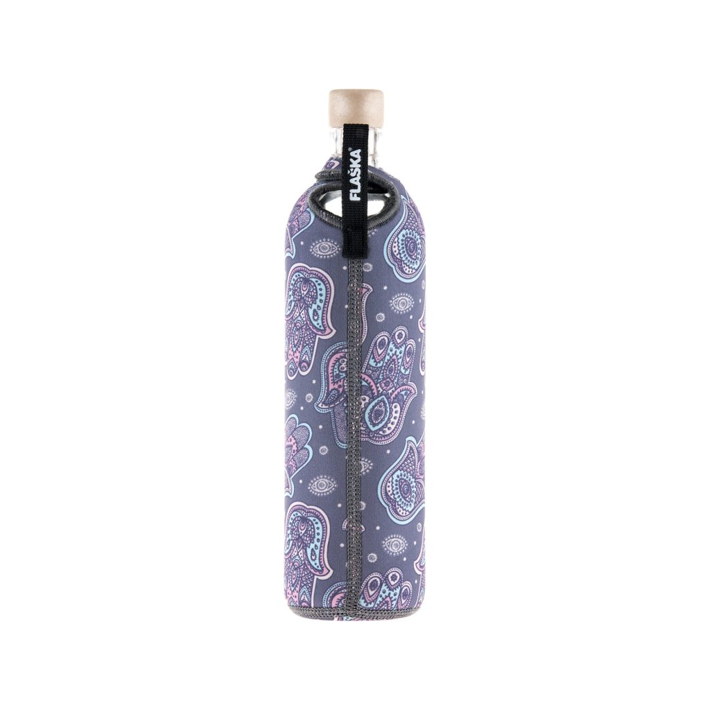 Custom design glass water bottle in Hamsa neoprene sleeve