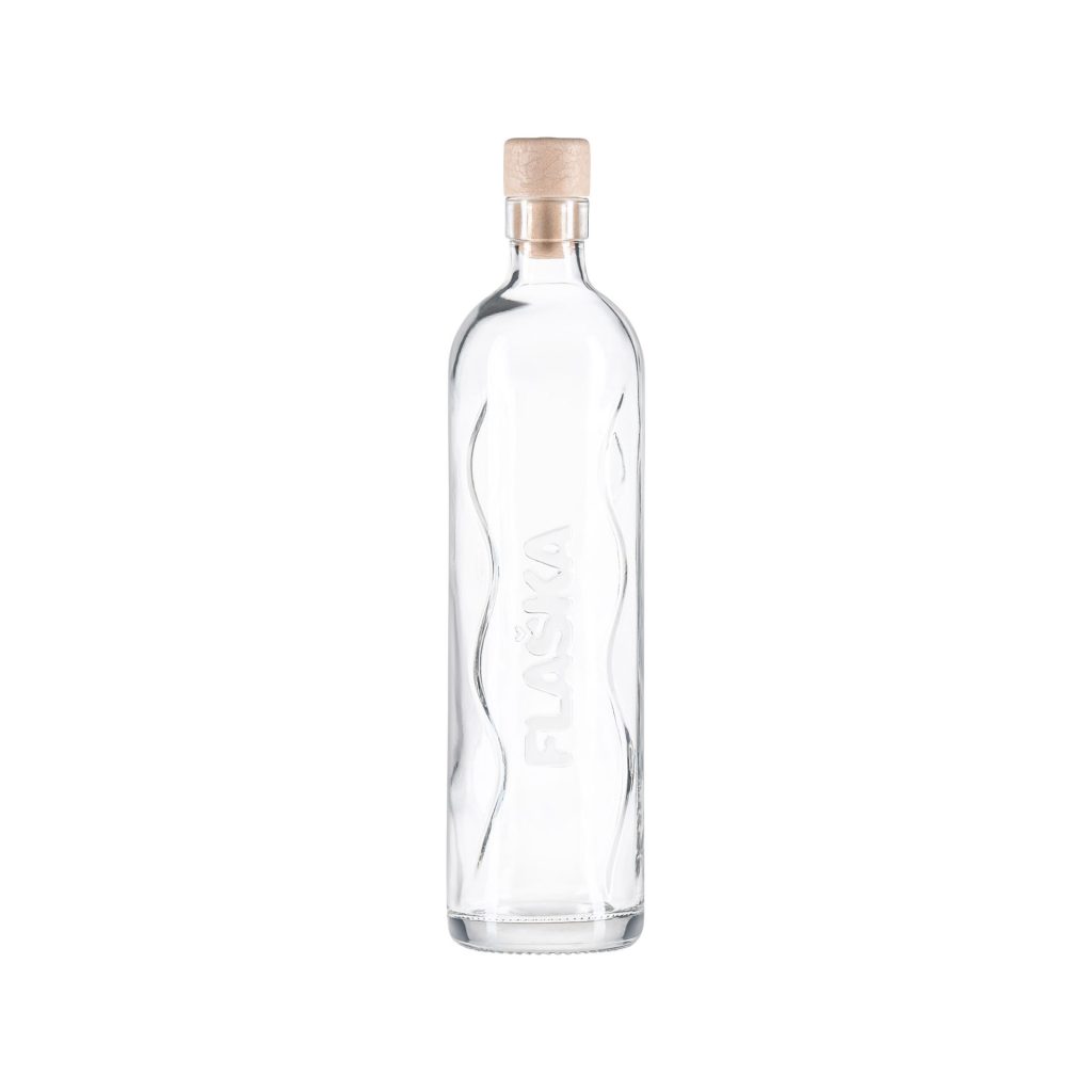 Glass water bottle with a cork stopper, transparent design