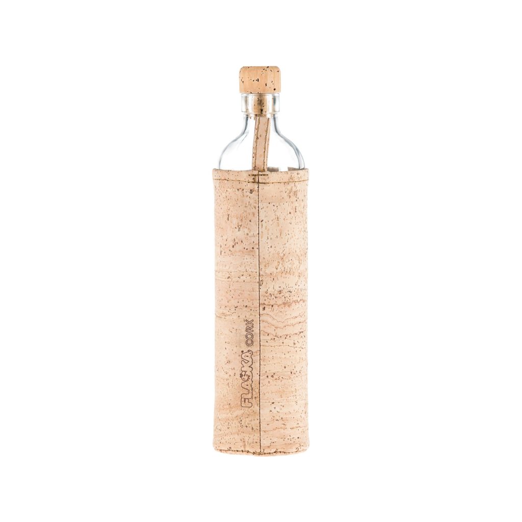 Back of a water bottle with a cork sleeve design