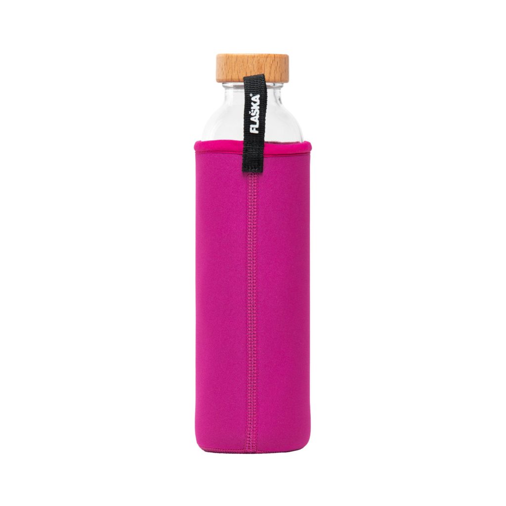 Glass water bottle in pink neoprene sleeve with Unicorn